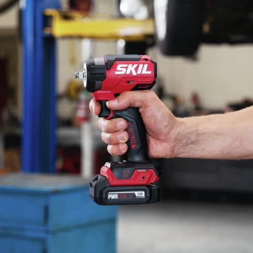 SKIL PWR CORE 12 Brushless 12V 3/8 In. Compact Impact Wrench Kit with 3-Speed & Halo Light Includes 2.0Ah Lithium Battery and PWR JUMP Charger - IW6744A-10