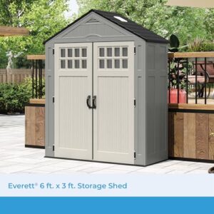 Suncast BMS6312D Everett 6' x 3' Heavy-Duty Resin Outdoor Pad-Lockable Double Doors and Windows All-Weather Shed for Yard Storage, Dove Gray