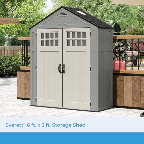 Suncast BMS6312D Everett 6' x 3' Heavy-Duty Resin Outdoor Pad-Lockable Double Doors and Windows All-Weather Shed for Yard Storage, Dove Gray