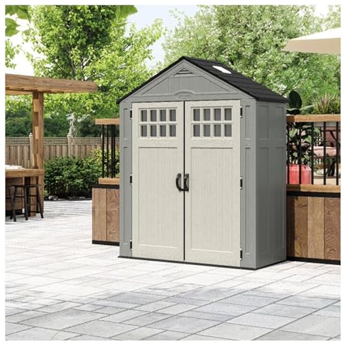 Suncast BMS6312D Everett 6' x 3' Heavy-Duty Resin Outdoor Pad-Lockable Double Doors and Windows All-Weather Shed for Yard Storage, Dove Gray