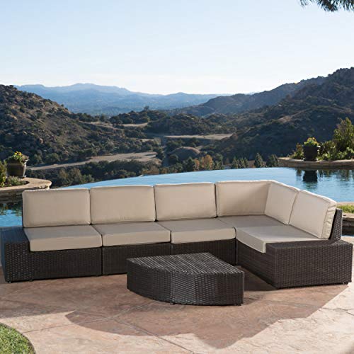 Christopher Knight Home Santa Cruz Outdoor Wicker Sectional Sofa Set with Water Resistant Cushions, 6-Pcs Set, Brown