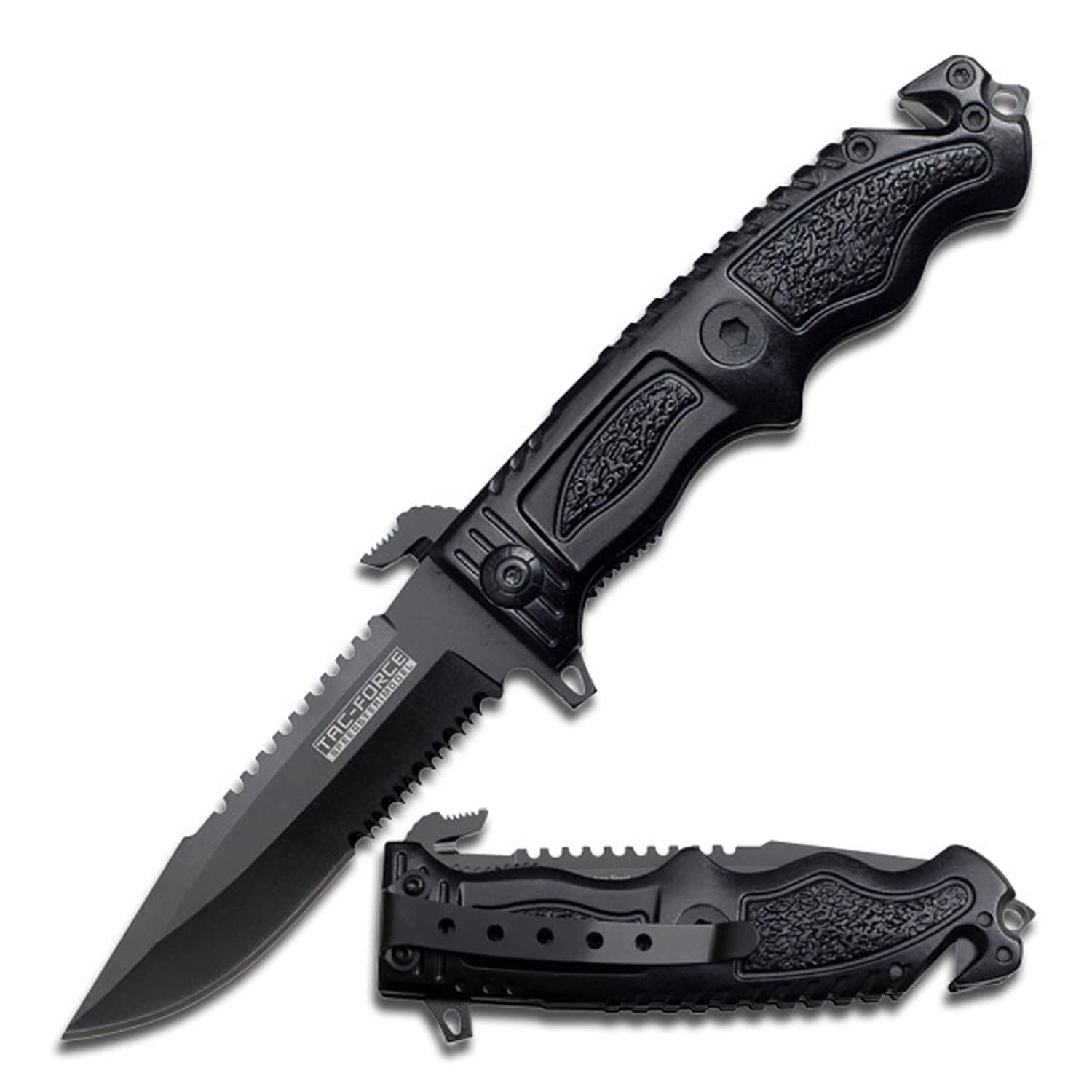 TAC Force TF-711BK Assisted Opening Folding Knife, Black Half-Serrated Blade, Black Handle, 5-Inch Closed