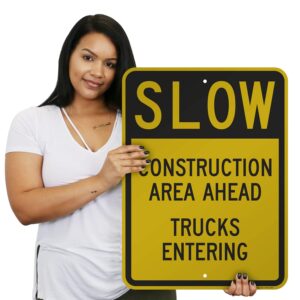 SmartSign 24 x 18 inch “Slow - Construction Area Ahead, Trucks Entering” Metal Sign, 80 mil Laminated Rustproof Aluminum, Black and Yellow, Made in USA