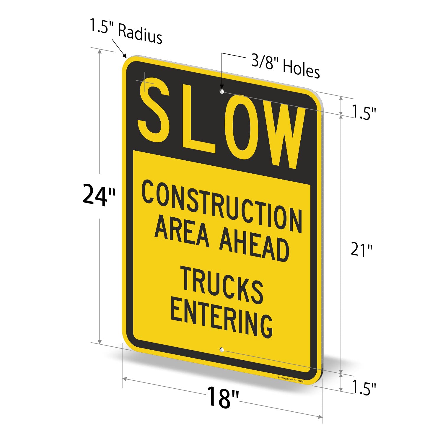 SmartSign 24 x 18 inch “Slow - Construction Area Ahead, Trucks Entering” Metal Sign, 80 mil Laminated Rustproof Aluminum, Black and Yellow, Made in USA