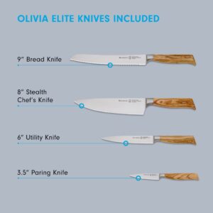 Messermeister Oliva Elite Gourmet Knife Set - Includes 8" Stealth Chef's Knife, 9" Bread Knife, 6" Utility Knife & 3.5" Paring Knife - Rust Resistant & Easy to Maintain