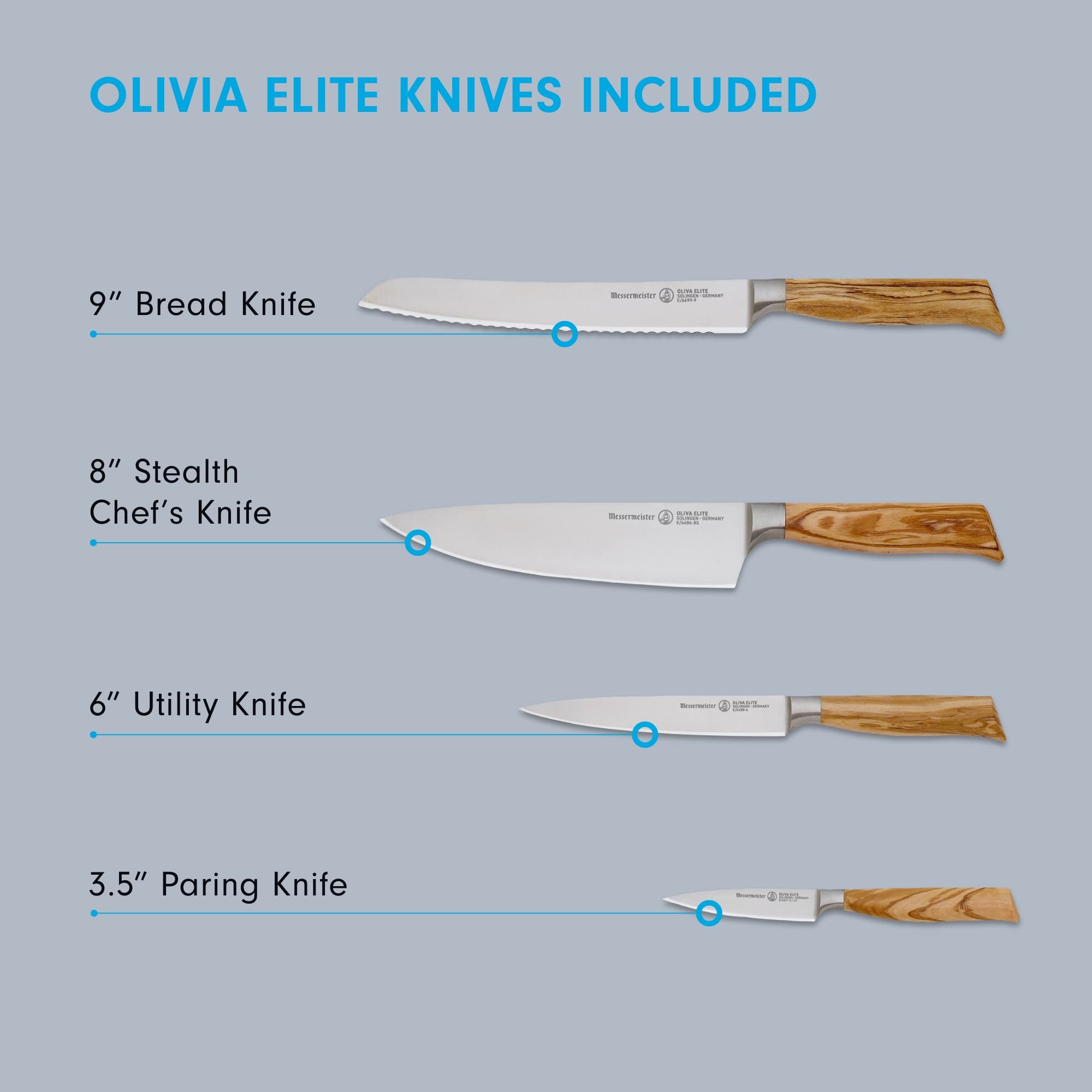 Messermeister Oliva Elite Gourmet Knife Set - Includes 8" Stealth Chef's Knife, 9" Bread Knife, 6" Utility Knife & 3.5" Paring Knife - Rust Resistant & Easy to Maintain