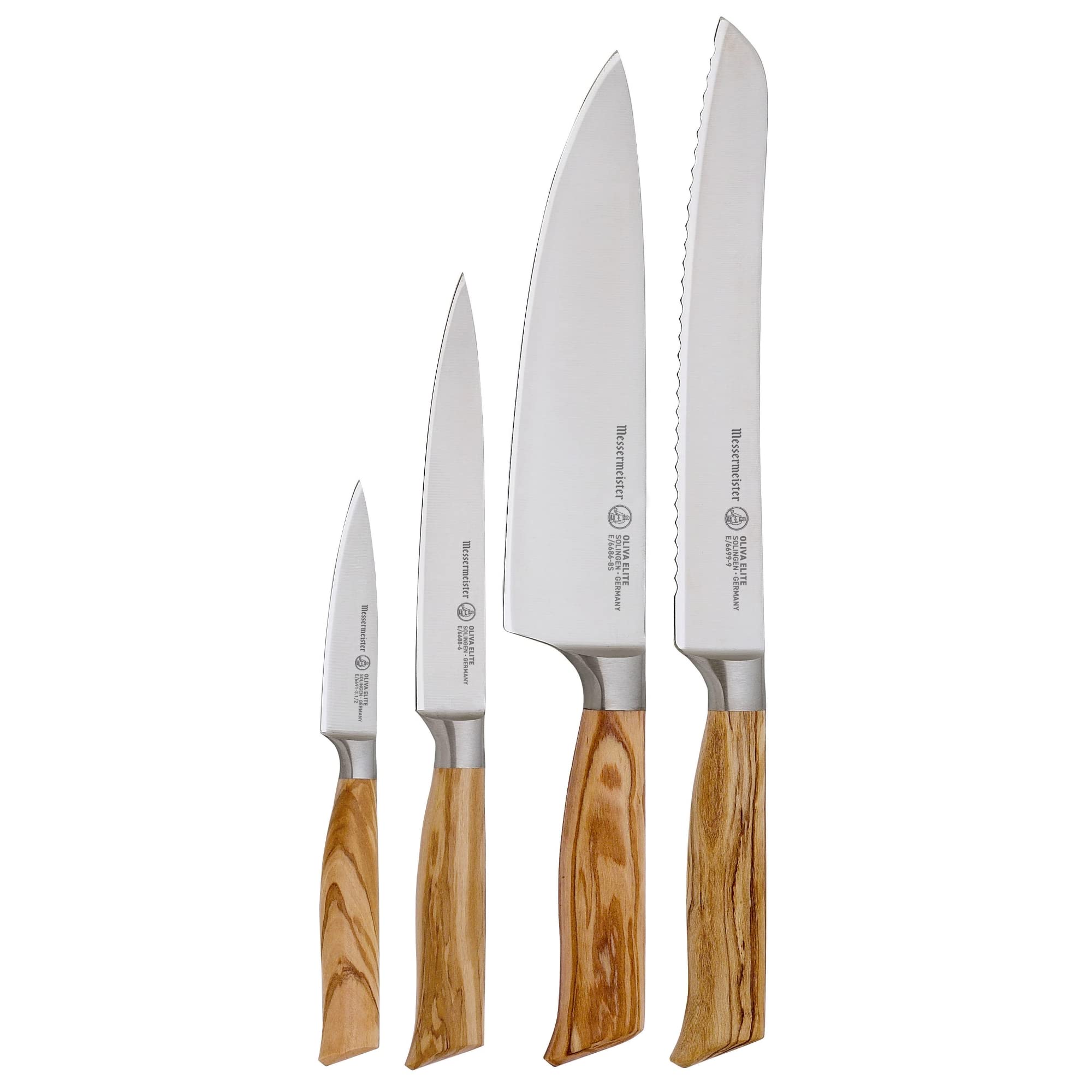 Messermeister Oliva Elite Gourmet Knife Set - Includes 8" Stealth Chef's Knife, 9" Bread Knife, 6" Utility Knife & 3.5" Paring Knife - Rust Resistant & Easy to Maintain