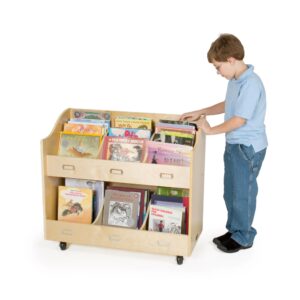 Guidecraft Mobile Book Organizer - Wooden Rolling Bookshelf and School Supply Cart with Casters and nameplate labels - Classroom Storage Furniture