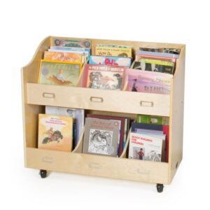 guidecraft mobile book organizer - wooden rolling bookshelf and school supply cart with casters and nameplate labels - classroom storage furniture