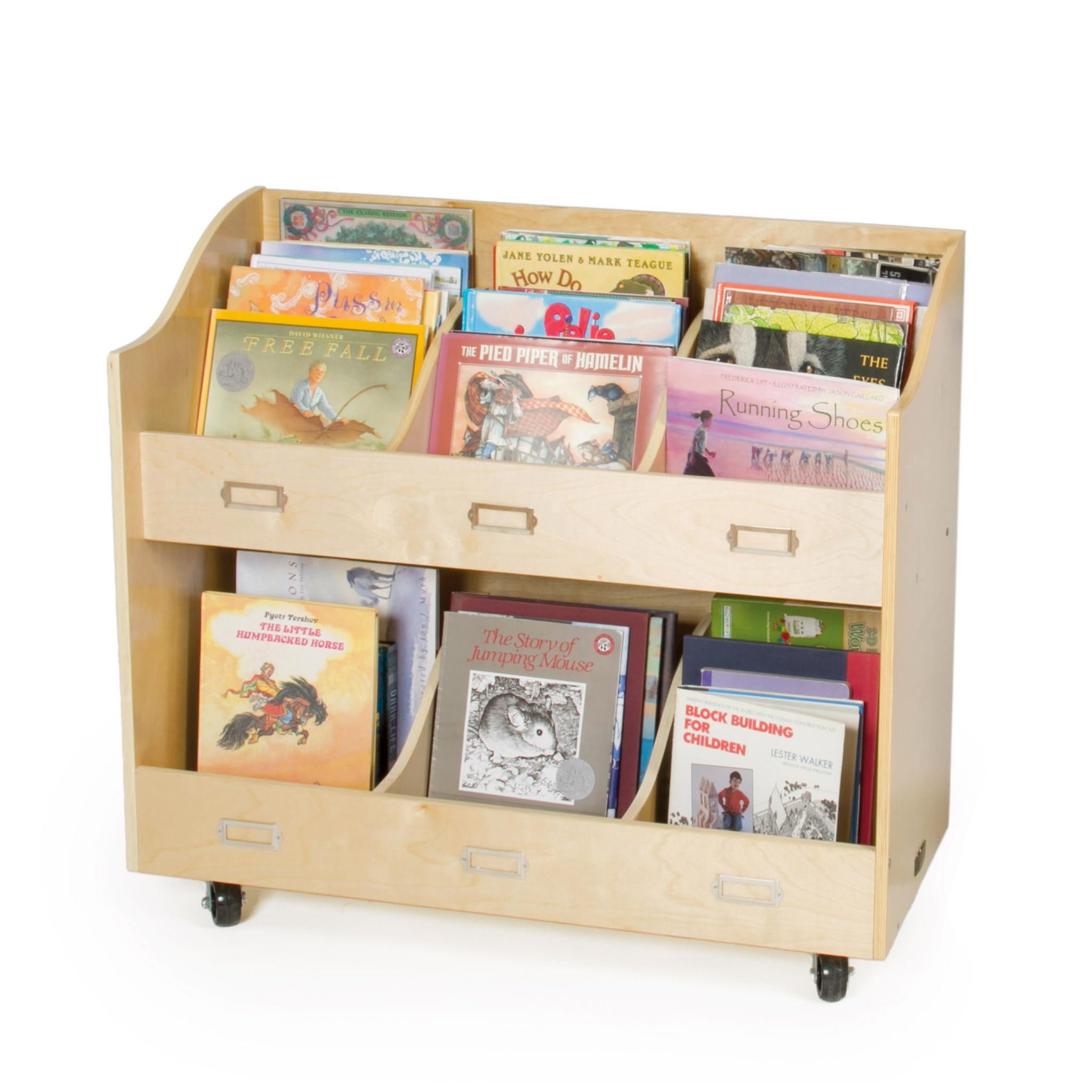 Guidecraft Mobile Book Organizer - Wooden Rolling Bookshelf and School Supply Cart with Casters and nameplate labels - Classroom Storage Furniture