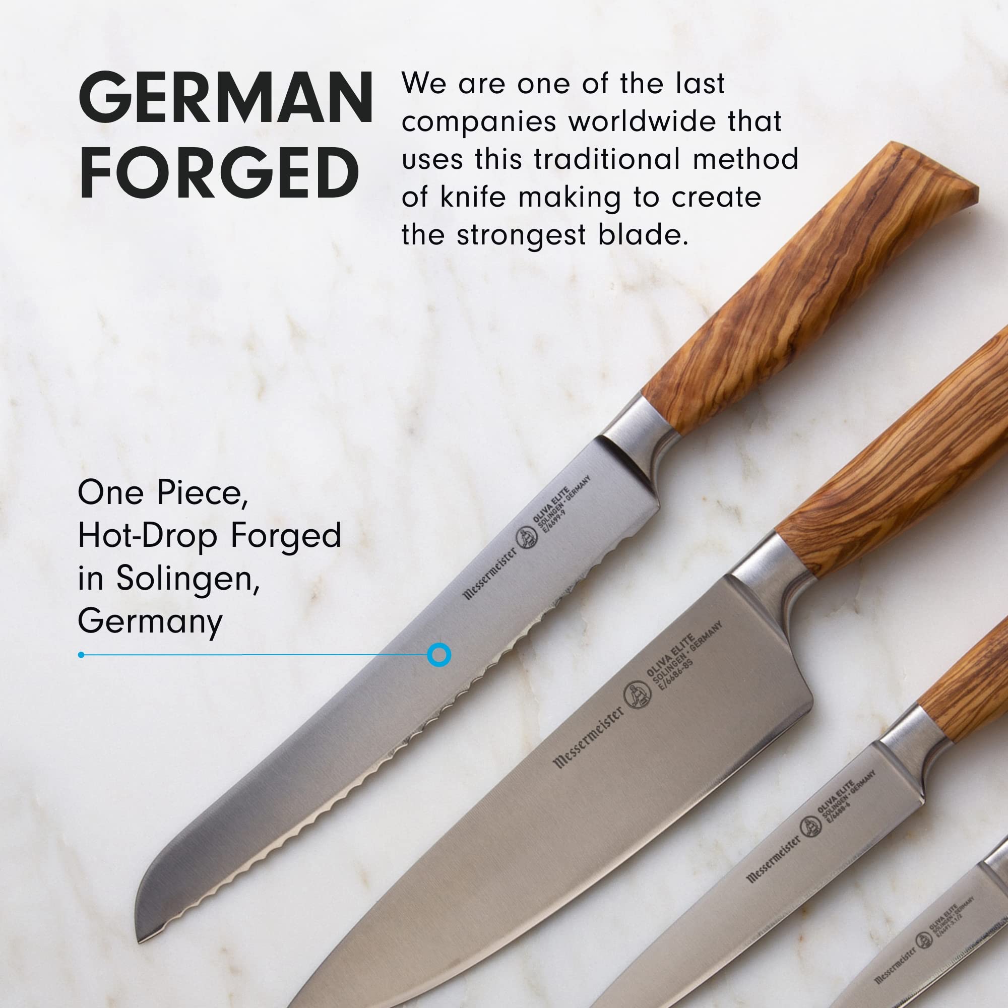 Messermeister Oliva Elite Gourmet Knife Set - Includes 8" Stealth Chef's Knife, 9" Bread Knife, 6" Utility Knife & 3.5" Paring Knife - Rust Resistant & Easy to Maintain