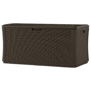 Suncast 134 Gallon Extra Large All-Weather Wicker Pattern Deck Box with Lockable Lid for Garden, Garage, Patio, or Outdoor Use, Java