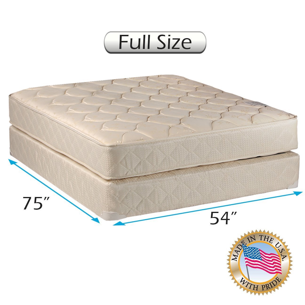 Dreamy Classic Full Size (54"x75"x9") Mattress and Box Spring Set - Fully Assembled, Orthopedic, Good for Your Back, by Dream Solutions USA