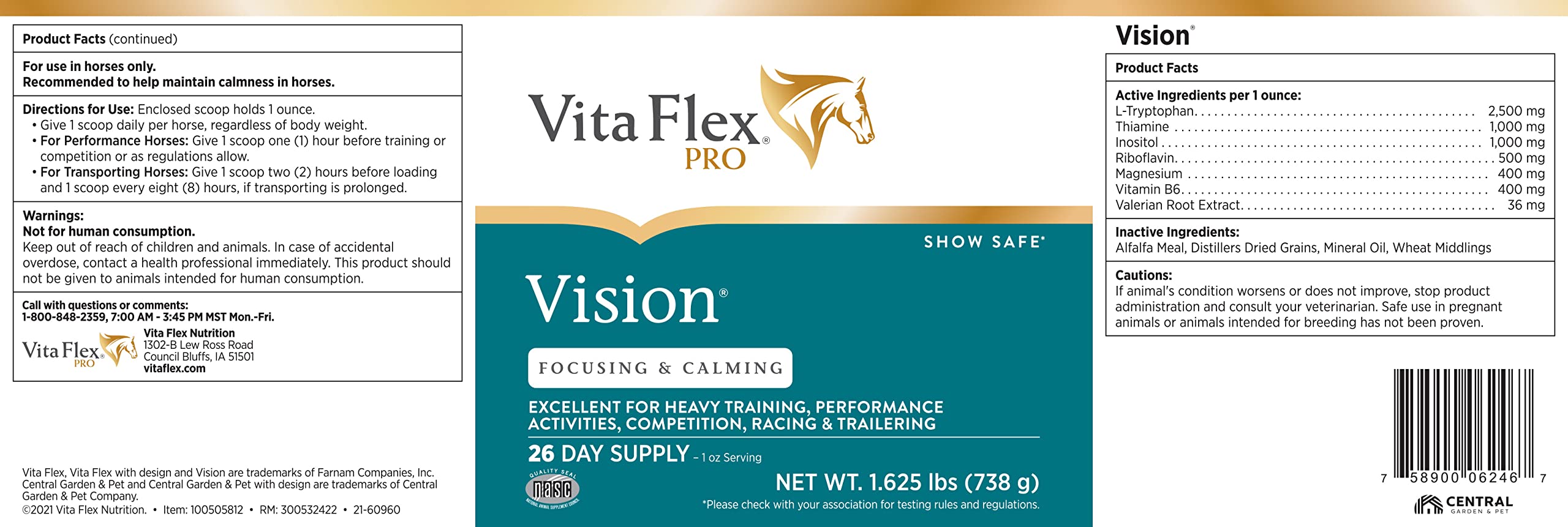 Vita Flex Pro Vision, Focusing and Horse Calming Supplement 1.625 lbs, 26-Day Supply