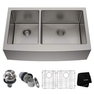 kraus khf204-33 standart pro kitchen stainless steel sink 16 guage, 32.88", 33 inch round apron 40/60 double bowl