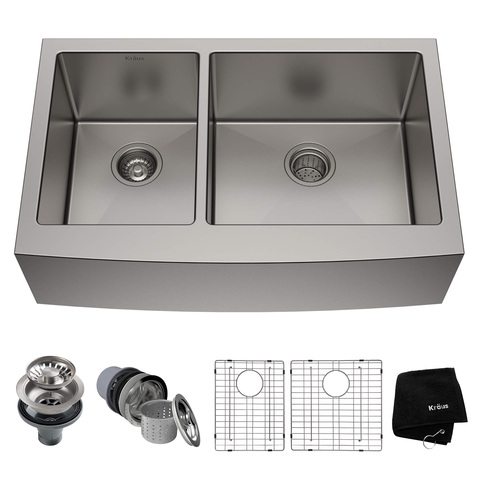 Kraus KHF204-33 Standart PRO Kitchen Stainless Steel Sink 16 Guage, 32.88", 33 Inch Round Apron 40/60 Double Bowl