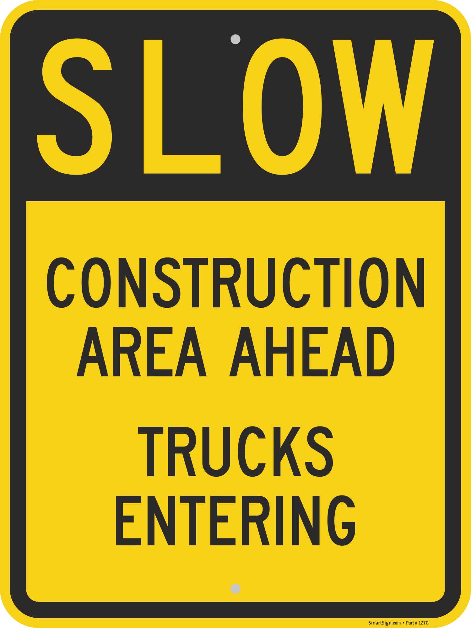 SmartSign 24 x 18 inch “Slow - Construction Area Ahead, Trucks Entering” Metal Sign, 80 mil Laminated Rustproof Aluminum, Black and Yellow, Made in USA