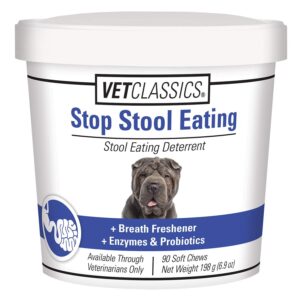 vet classics stop stool eating pet health supplement for dogs – dog breath freshener – stops dogs from eating stool – enzymes, probiotics – 90 soft chews