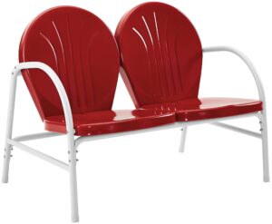 crosley furniture griffith retro metal outdoor loveseat, 2-person patio bench for porch, deck, balcony, red