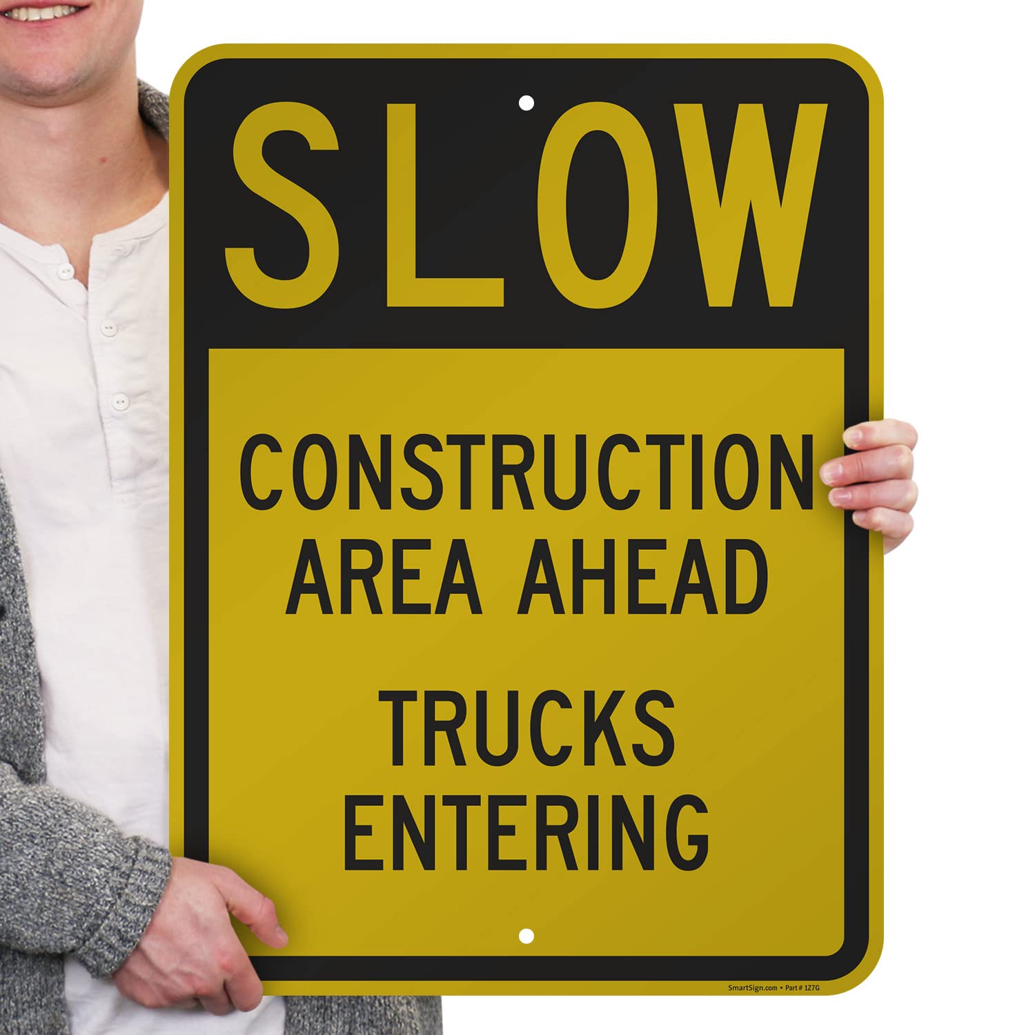 SmartSign 24 x 18 inch “Slow - Construction Area Ahead, Trucks Entering” Metal Sign, 80 mil Laminated Rustproof Aluminum, Black and Yellow, Made in USA