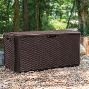 Suncast 134 Gallon Extra Large All-Weather Wicker Pattern Deck Box with Lockable Lid for Garden, Garage, Patio, or Outdoor Use, Java