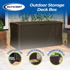 Suncast 134 Gallon Extra Large All-Weather Wicker Pattern Deck Box with Lockable Lid for Garden, Garage, Patio, or Outdoor Use, Java