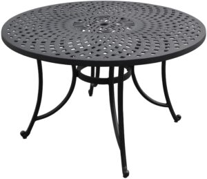 crosley furniture sedona 46" round cast aluminum outdoor dining table with umbrella hole for outside patio, black