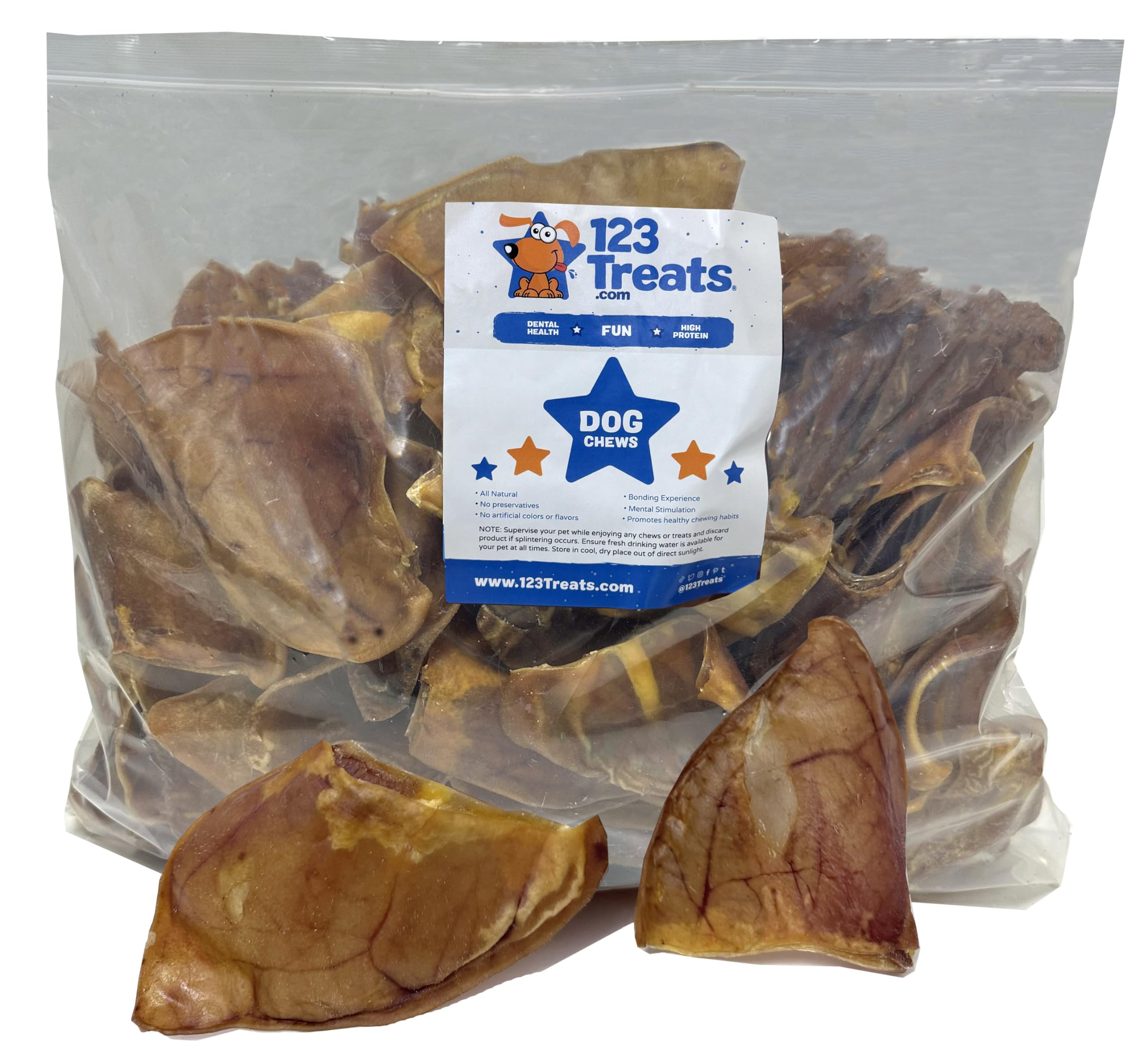 123 Treats Natural Pig Ears for Dogs, 100% Natural Long Lasting Pork Dog Chews, Ideal for All Chewers, Delicious and Healthy Dog Treats, Pig Ears Large and Mix (one Pack of 100)