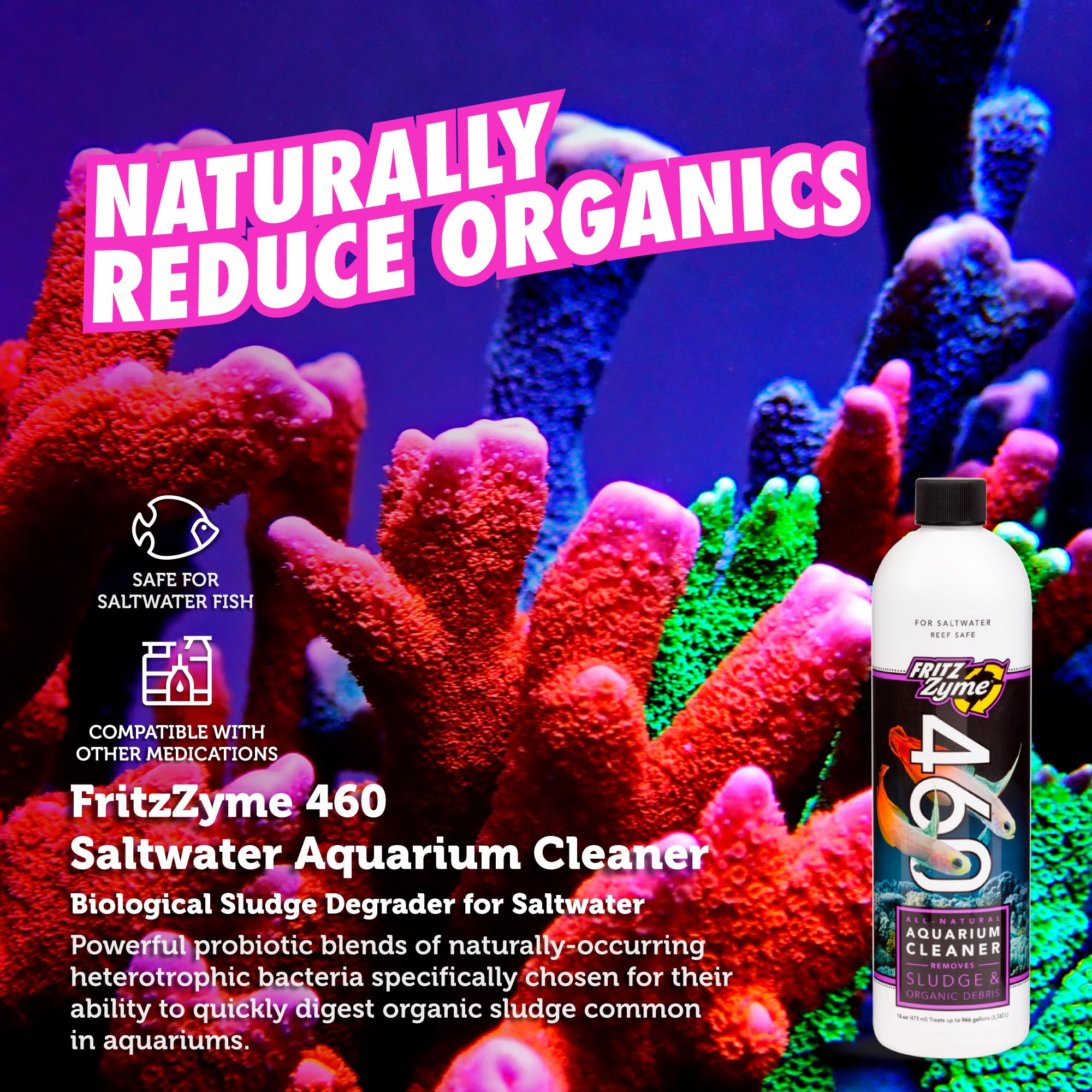 Fritz Aquatics 83370 FritzZyme 460 Biological Conditioner for Salt Water Aquariums, 16-Ounce