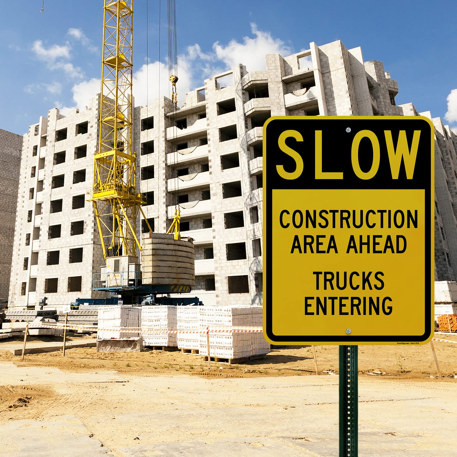 SmartSign 24 x 18 inch “Slow - Construction Area Ahead, Trucks Entering” Metal Sign, 80 mil Laminated Rustproof Aluminum, Black and Yellow, Made in USA