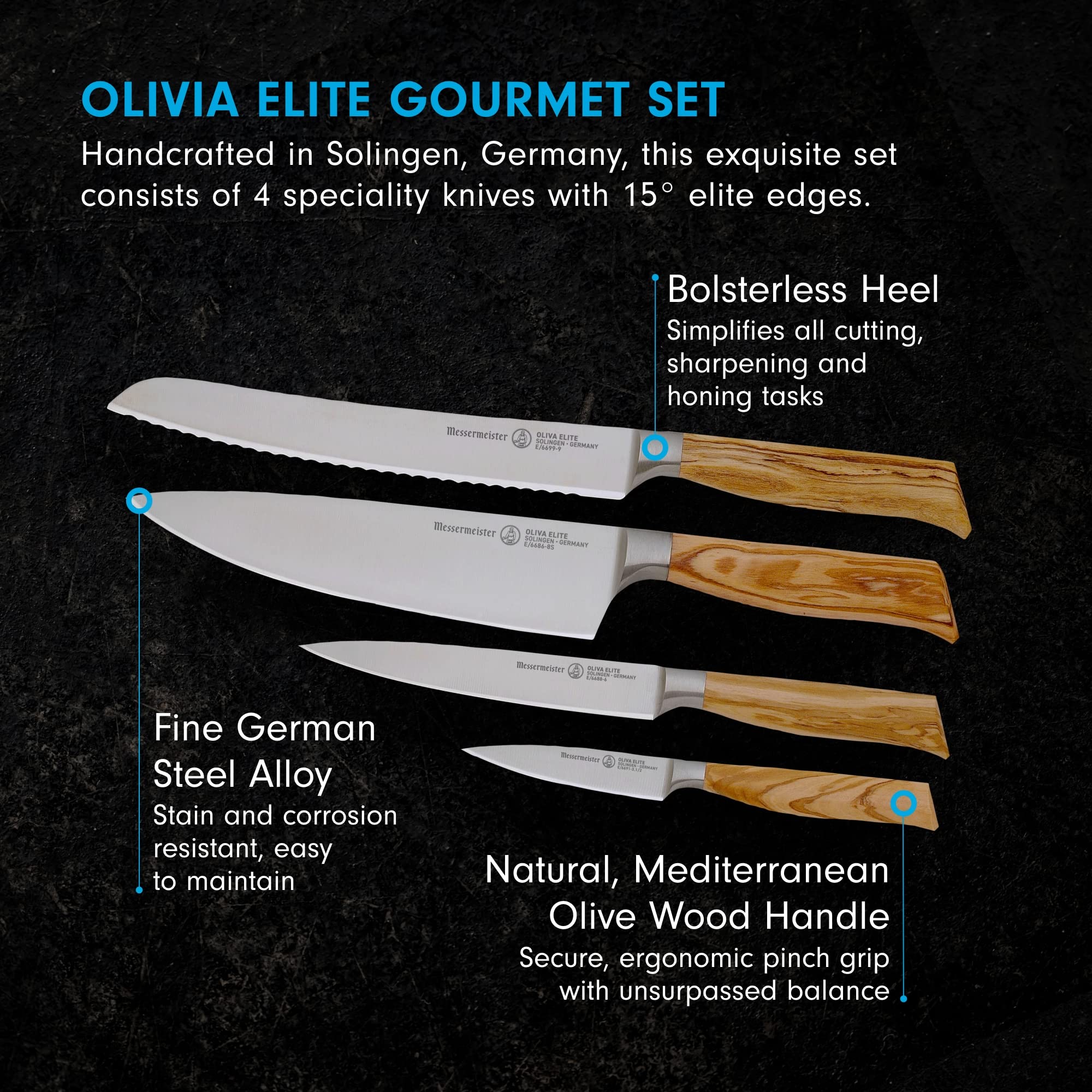 Messermeister Oliva Elite Gourmet Knife Set - Includes 8" Stealth Chef's Knife, 9" Bread Knife, 6" Utility Knife & 3.5" Paring Knife - Rust Resistant & Easy to Maintain