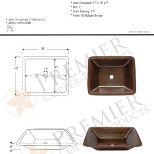 Premier Copper Products LREC19DB 19-Inch Hammered Copper Bathroom Sink, Oil Rubbed Bronze