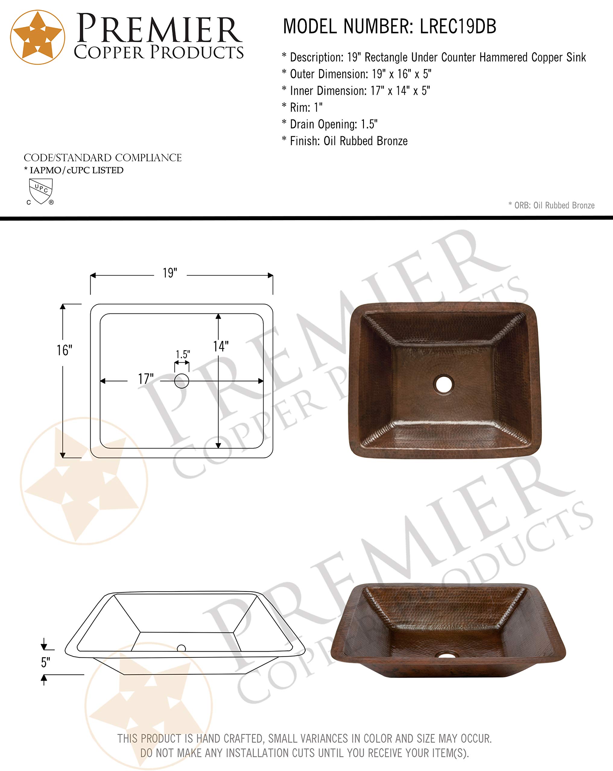 Premier Copper Products LREC19DB 19-Inch Hammered Copper Bathroom Sink, Oil Rubbed Bronze