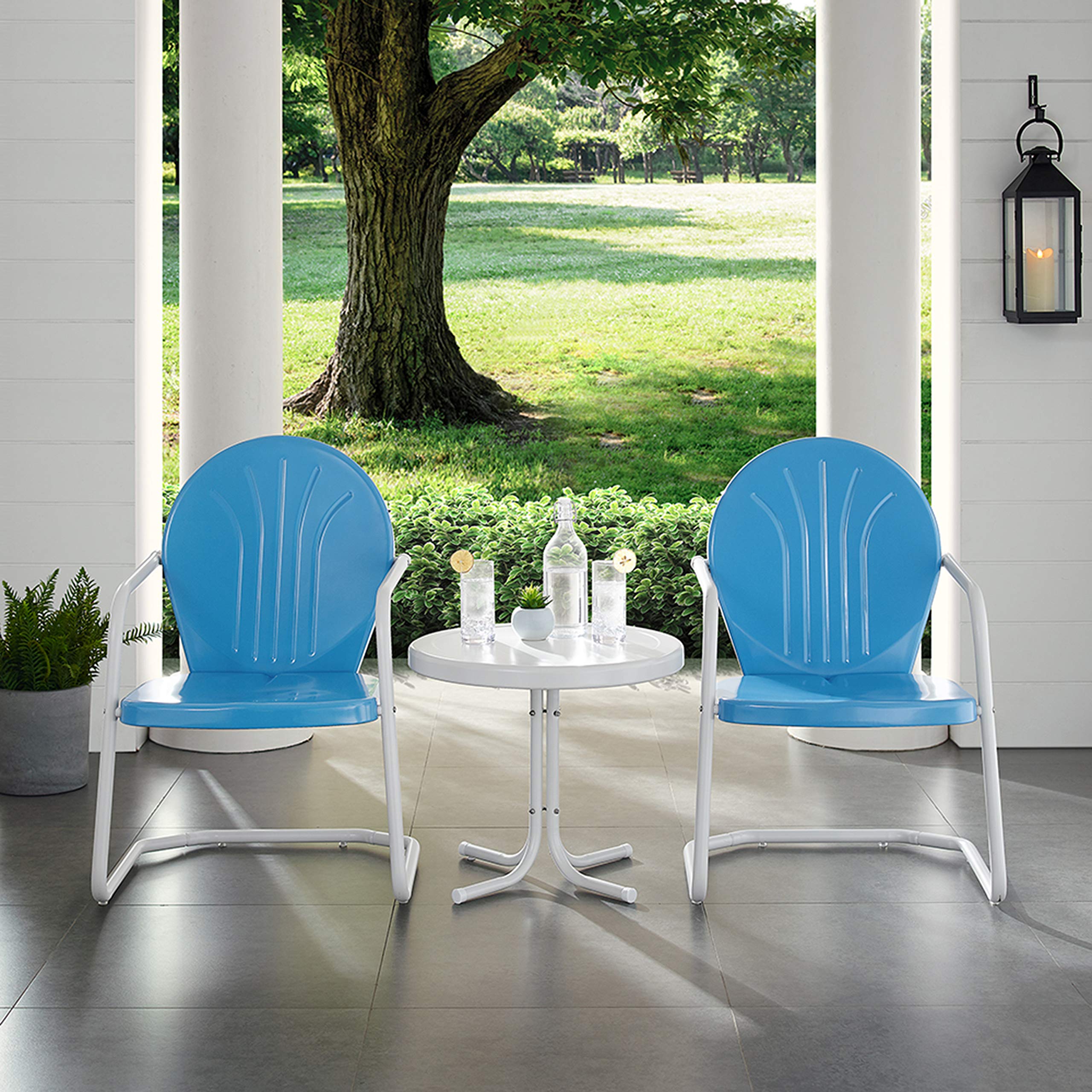 Crosley Furniture Griffith 3-Piece Outdoor Chair and Side Table Set, Retro Metal Bistro Patio Sets for Porch, Sky Blue