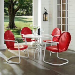 Crosley Furniture Griffith 5-Piece Outdoor Dining Set for 4, Retro Metal Round Patio Table and Chairs, Coral Red