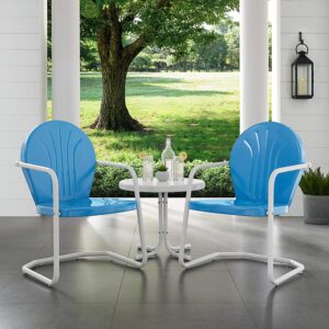 Crosley Furniture Griffith 3-Piece Outdoor Chair and Side Table Set, Retro Metal Bistro Patio Sets for Porch, Sky Blue