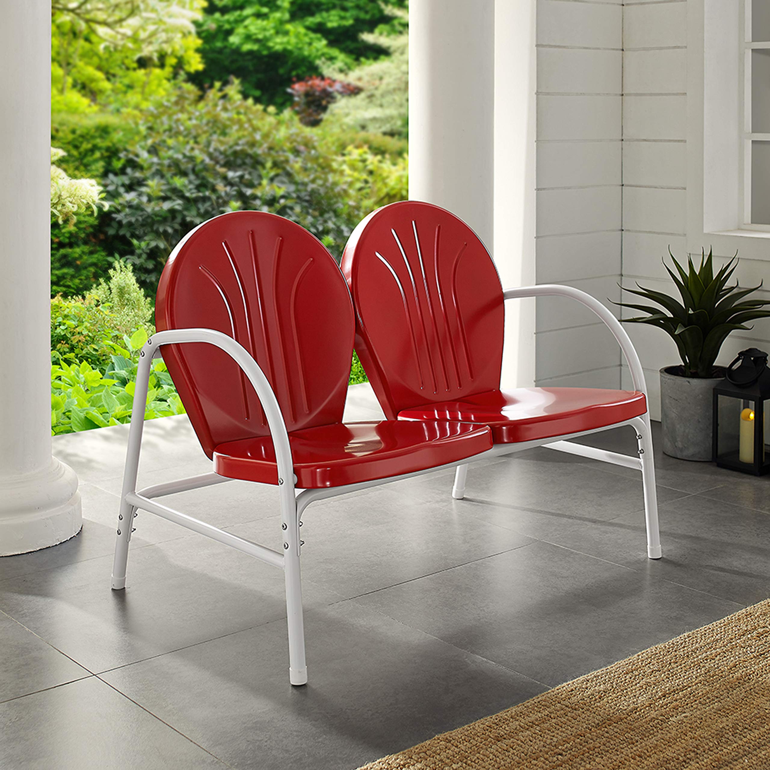 Crosley Furniture Griffith Retro Metal Outdoor Loveseat, 2-Person Patio Bench for Porch, Deck, Balcony, Red