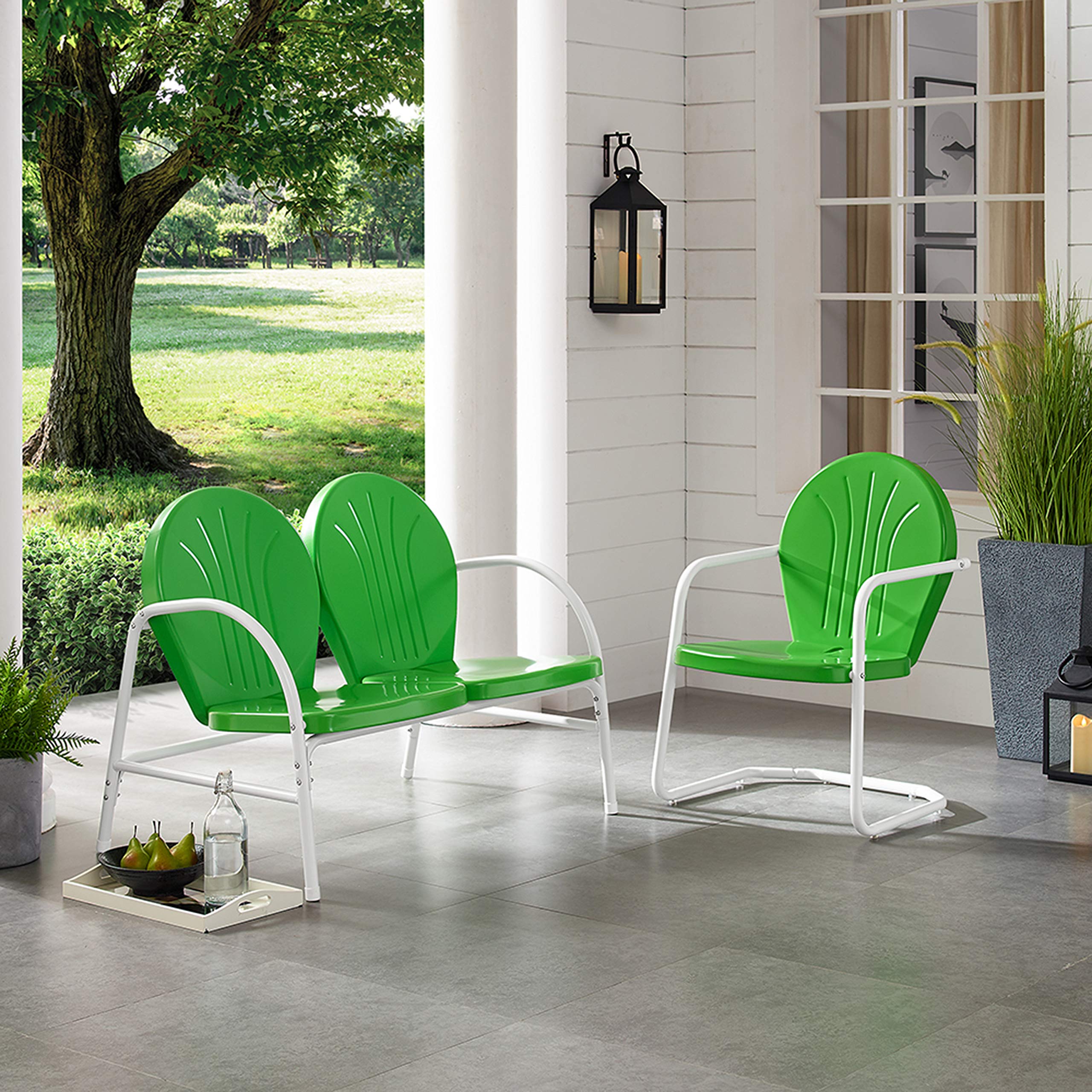 Crosley Furniture Griffith 2-Piece Retro Metal Outdoor Chair and Loveseat Patio Furniture Set for Porch, Grasshopper Green