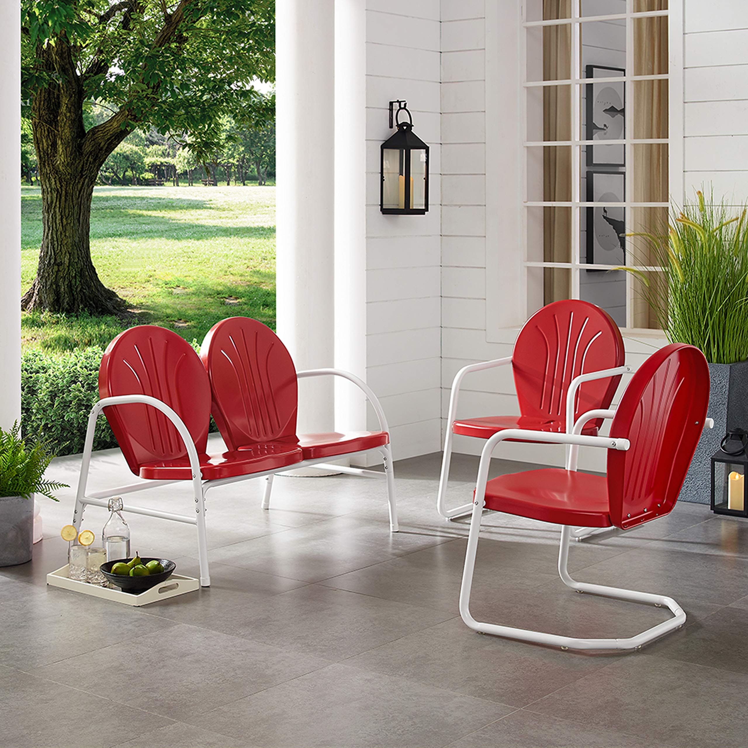 Crosley Furniture Griffith 3-Piece Retro Metal Outdoor Chairs and Loveseat Patio Furniture Set for Porch, Red