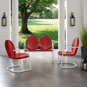 Crosley Furniture Griffith 3-Piece Retro Metal Outdoor Chairs and Loveseat Patio Furniture Set for Porch, Red