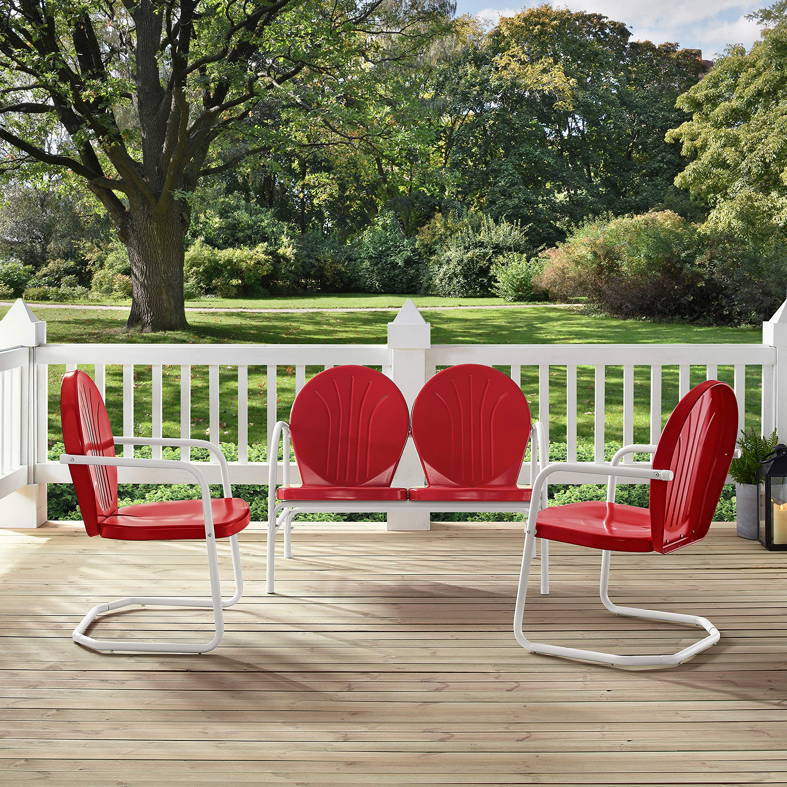 Crosley Furniture Griffith 3-Piece Retro Metal Outdoor Chairs and Loveseat Patio Furniture Set for Porch, Red