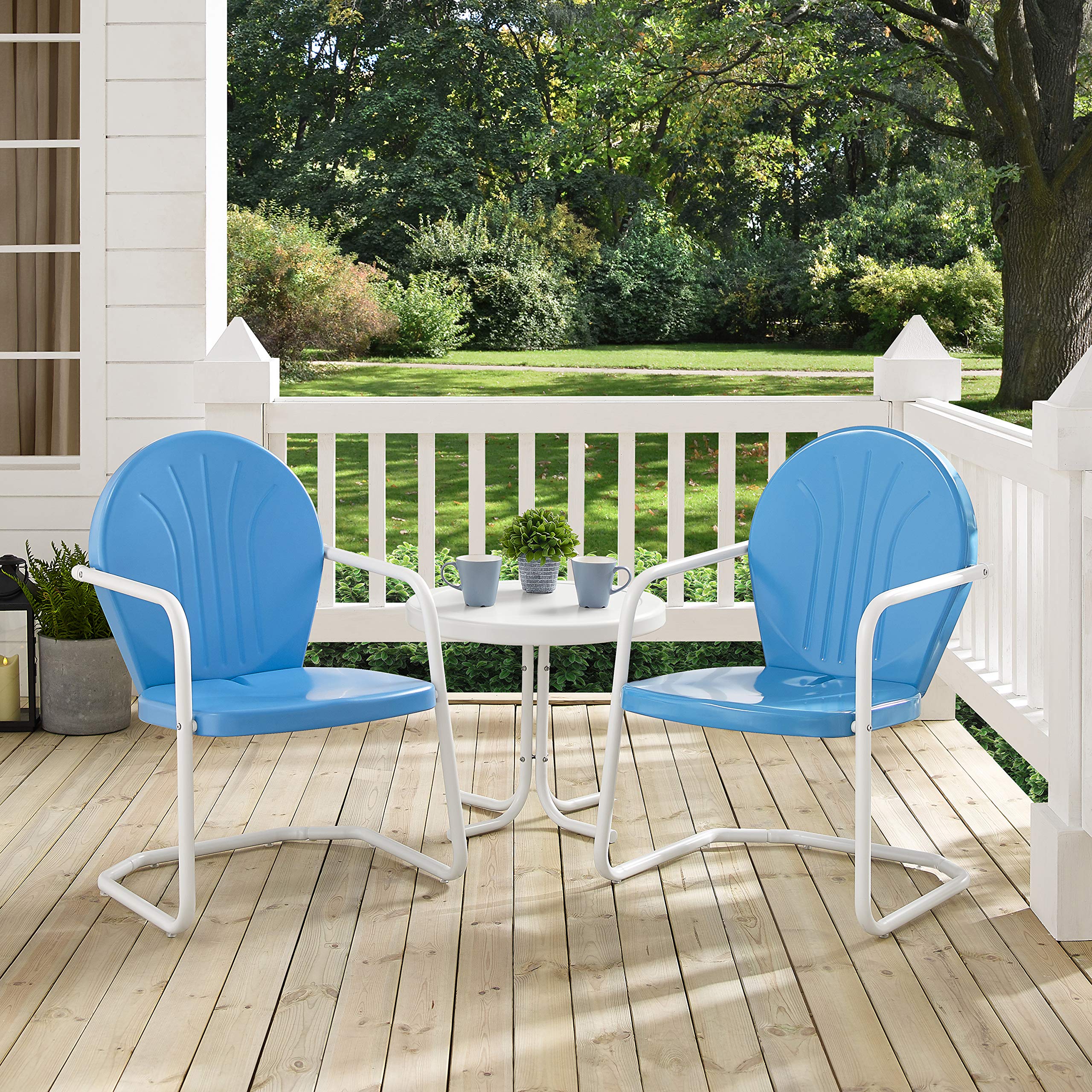 Crosley Furniture Griffith 3-Piece Outdoor Chair and Side Table Set, Retro Metal Bistro Patio Sets for Porch, Sky Blue