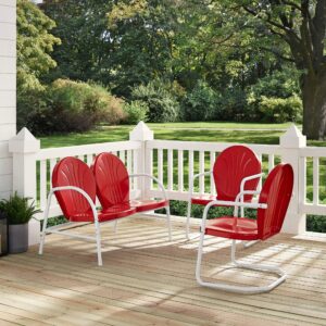 Crosley Furniture Griffith 3-Piece Retro Metal Outdoor Chairs and Loveseat Patio Furniture Set for Porch, Red