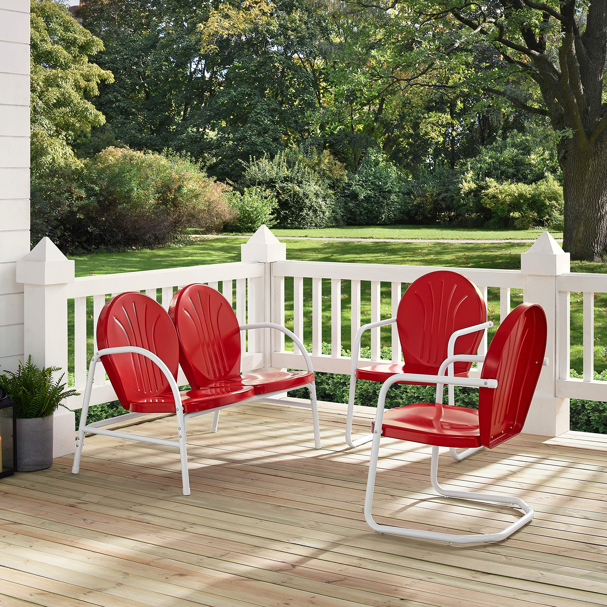 Crosley Furniture Griffith 3-Piece Retro Metal Outdoor Chairs and Loveseat Patio Furniture Set for Porch, Red