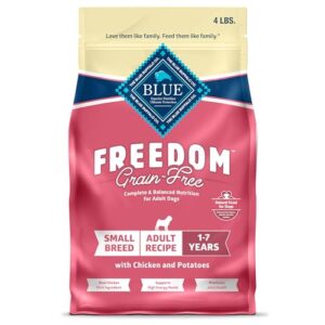 blue buffalo freedom grain-free small breed dry dog food, supports high energy needs, made in the usa with natural ingredients, chicken & potatoes, 4-lb. bag