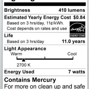 Satco S7281 7-Watt Medium Base A-Type Bulb, 2700K, 120V, Equivalent to 40-Watt Incandescent Lamp with Energy Star Rated, White