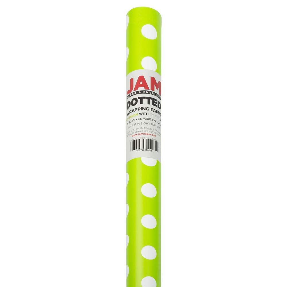 JAM Paper Gift Wrap - Polka Dot Wrapping Paper - 25 Sq Ft (30 in x 10 Ft) - Lime Green with White Dots - Roll Sold Individually