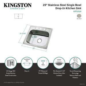 Kingston Brass Gourmetier GKTS2520 Self Rimming Single Bowl Kitchen Sink 3 Holes 25-Inch-Length by 22-Inch-Width by 6-Inch-Depth, 22 Gauge, Brushed Stainless Steel