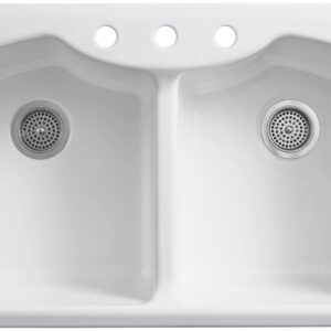 KOHLER K-6482-3A4-47 Bellegrove Double Bowl Top-Mount Kitchen Sink with Three Hole Drillings, Almond