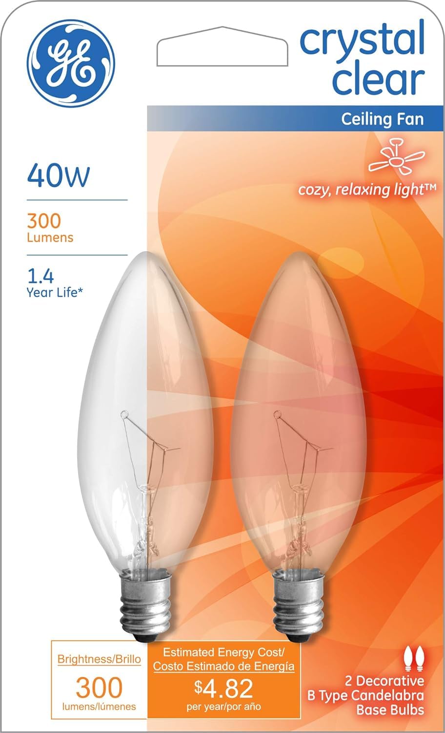 Ge Ceiling Fan Light Bulbs Blunt Tip 40 W 280 Lumens Candelabra 3.19 in. C-7a Clear Carded 2 Pack